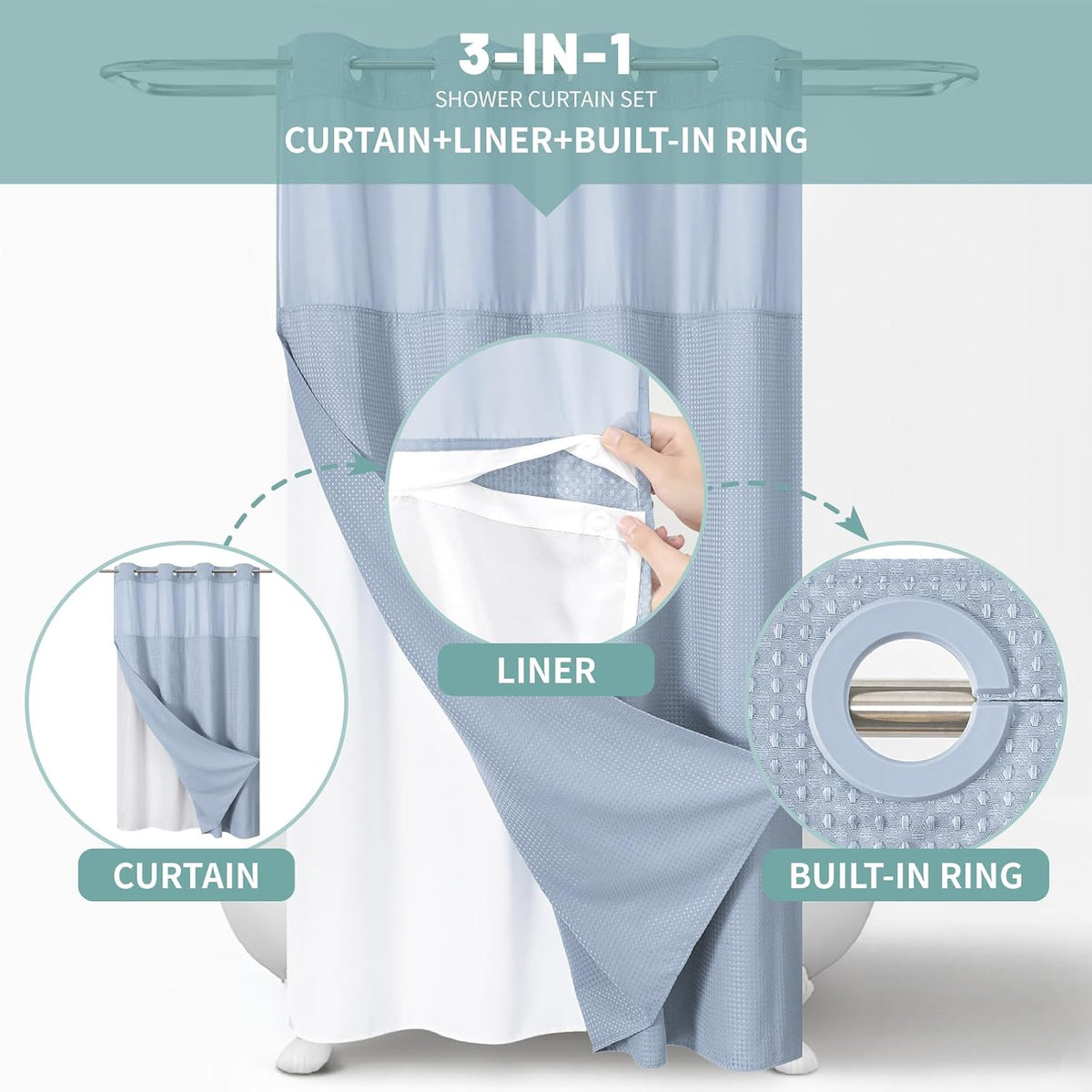 No Hook Waffle Shower Curtain with Snap-in Liner, 71x74 Inch, White