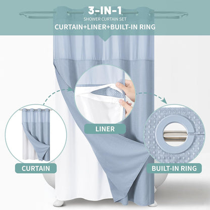 No Hook Waffle Shower Curtain with Snap-in Liner, 71x74 Inch, White