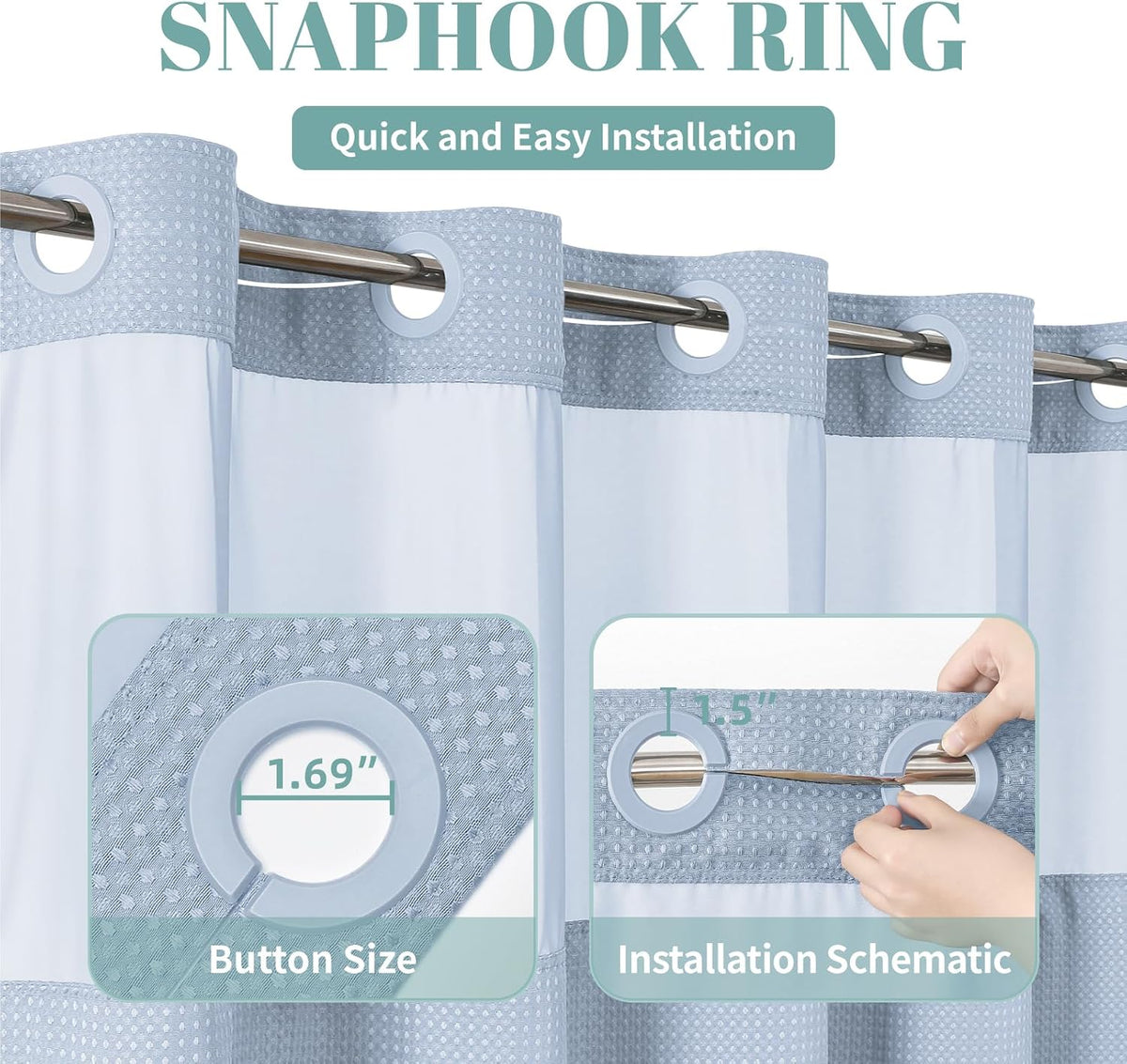 No Hook Waffle Shower Curtain with Snap-in Liner, 71x74 Inch, White