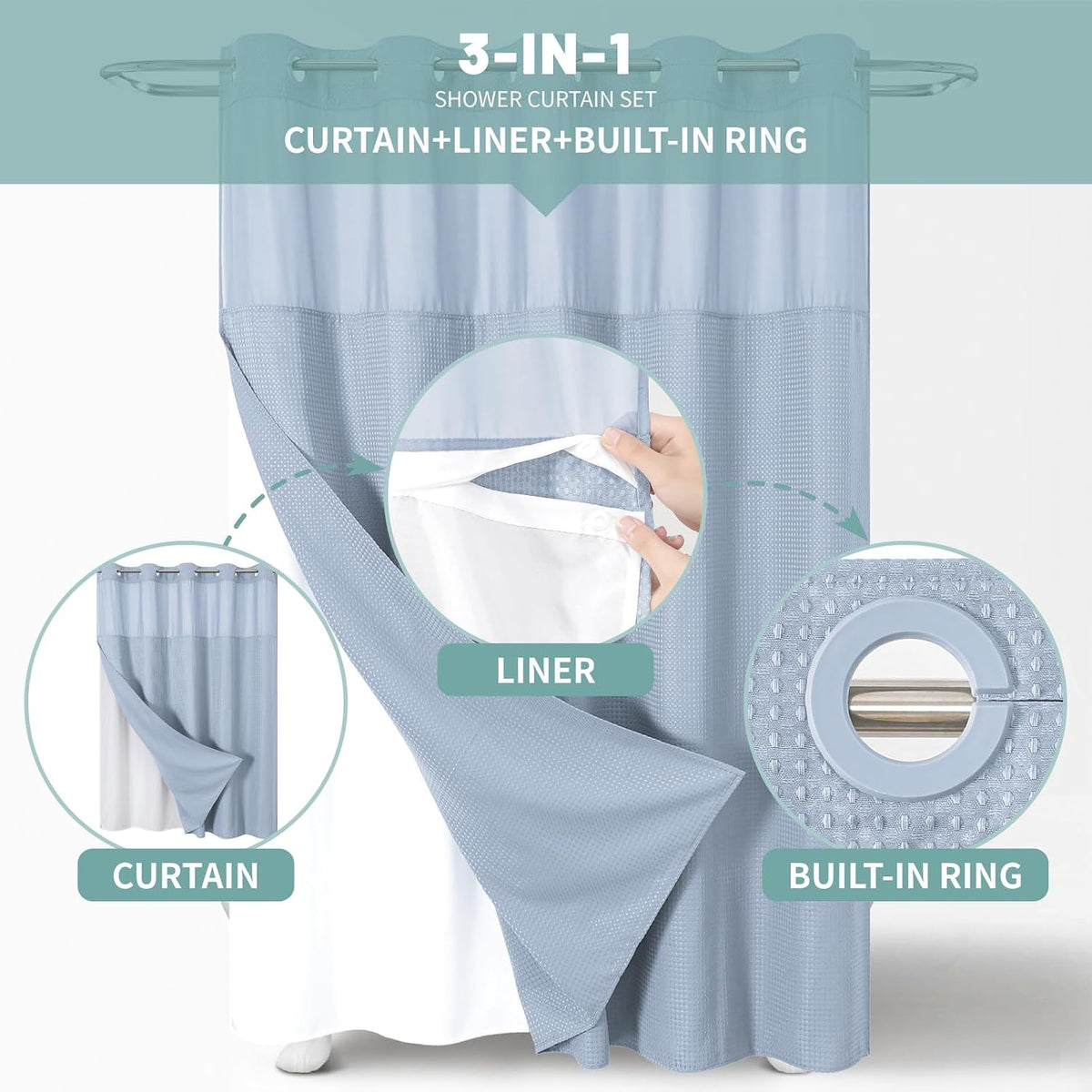 No Hook Waffle Shower Curtain with Snap-in Liner, 71x74 Inch, White