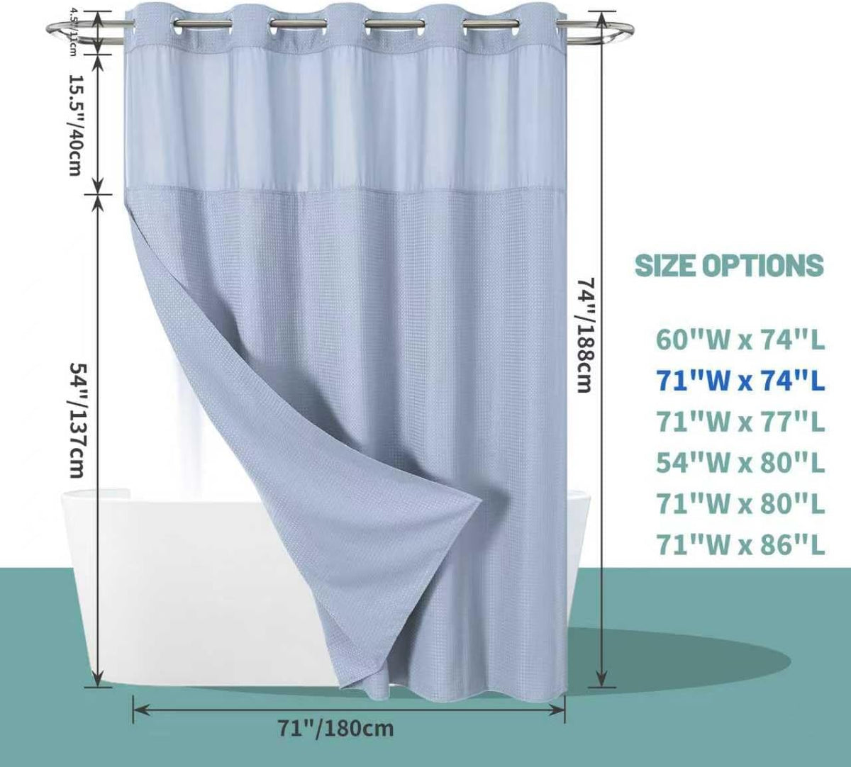 No Hook Waffle Shower Curtain with Snap-in Liner, 71x74 Inch, White