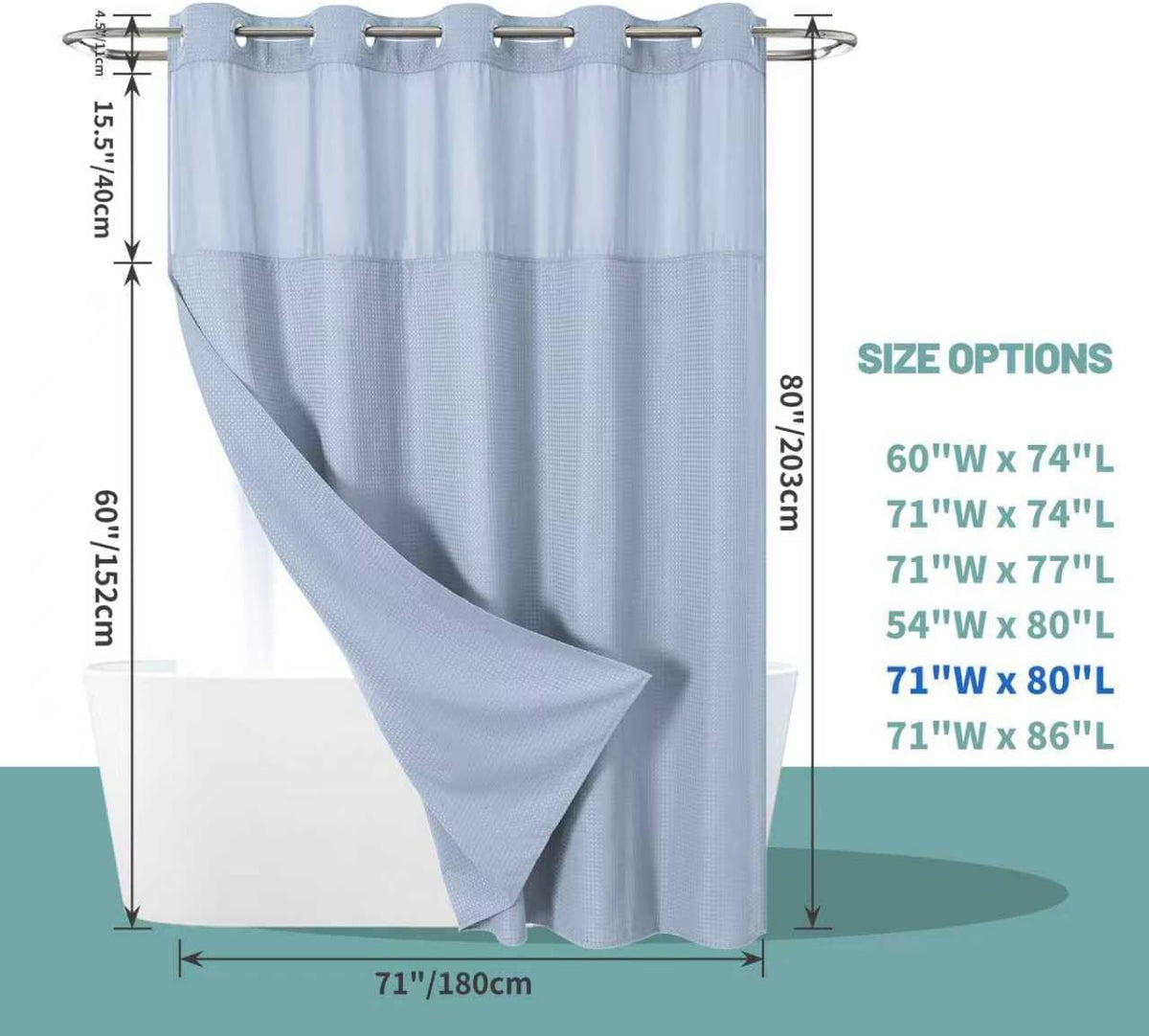 No Hook Waffle Shower Curtain with Snap-in Liner, 71x74 Inch, White