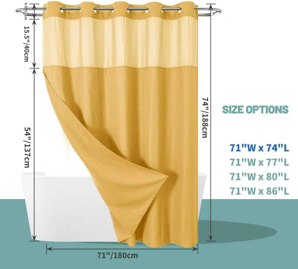 No Hook Waffle Shower Curtain with Snap-in Liner, 71x74 Inch, White
