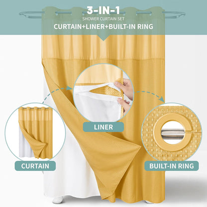 No Hook Waffle Shower Curtain with Snap-in Liner, 71x74 Inch, White