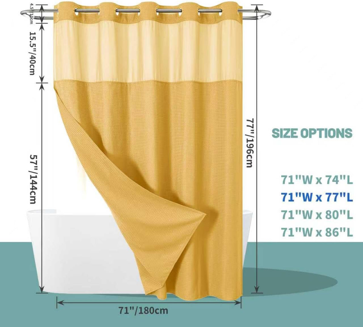 No Hook Waffle Shower Curtain with Snap-in Liner, 71x74 Inch, White