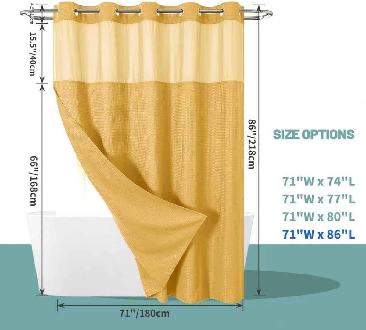 No Hook Waffle Shower Curtain with Snap-in Liner, 71x74 Inch, White