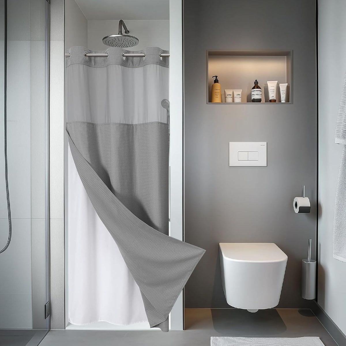 No Hook Waffle Shower Curtain with Snap-in Liner, 71x74 Inch, White