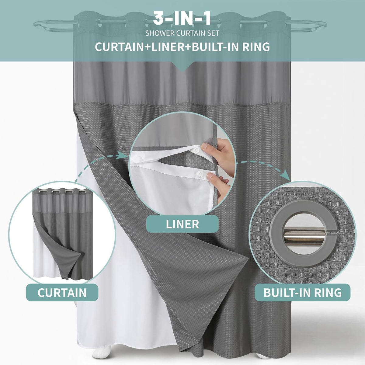 No Hook Waffle Shower Curtain with Snap-in Liner, 71x74 Inch, White