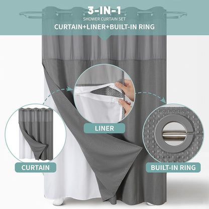 No Hook Waffle Shower Curtain with Snap-in Liner, 71x74 Inch, White