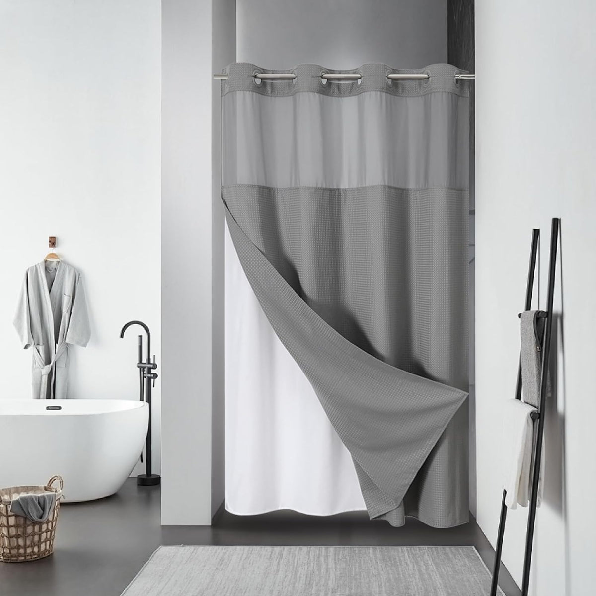 No Hook Waffle Shower Curtain with Snap-in Liner, 71x74 Inch, White