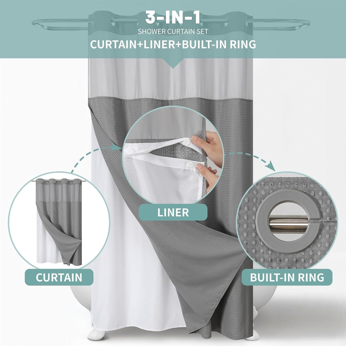 No Hook Waffle Shower Curtain with Snap-in Liner, 71x74 Inch, White