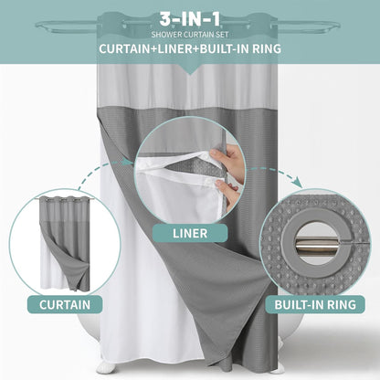 No Hook Waffle Shower Curtain with Snap-in Liner, 71x74 Inch, White