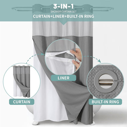 No Hook Waffle Shower Curtain with Snap-in Liner, 71x74 Inch, White
