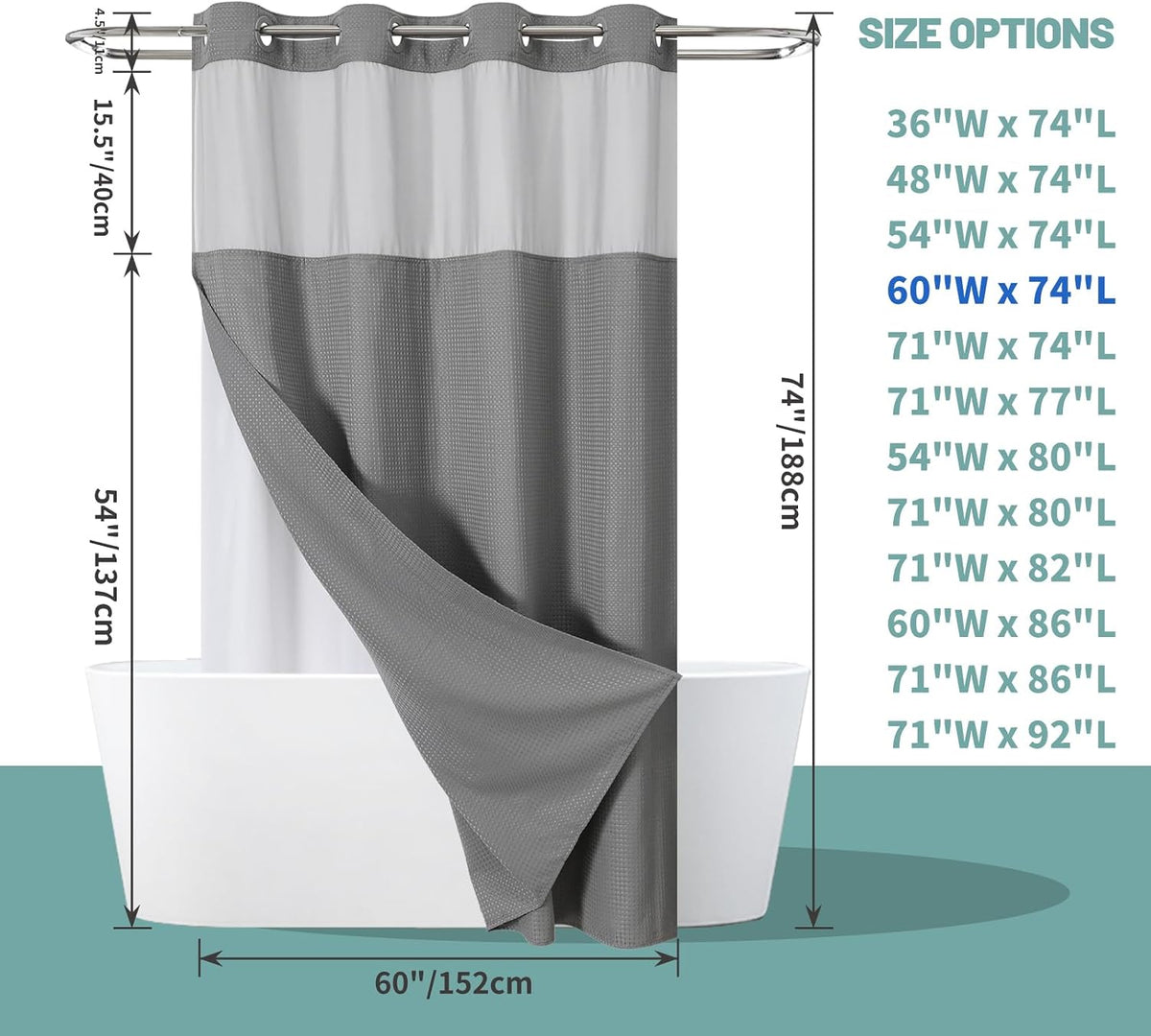 No Hook Waffle Shower Curtain with Snap-in Liner, 71x74 Inch, White