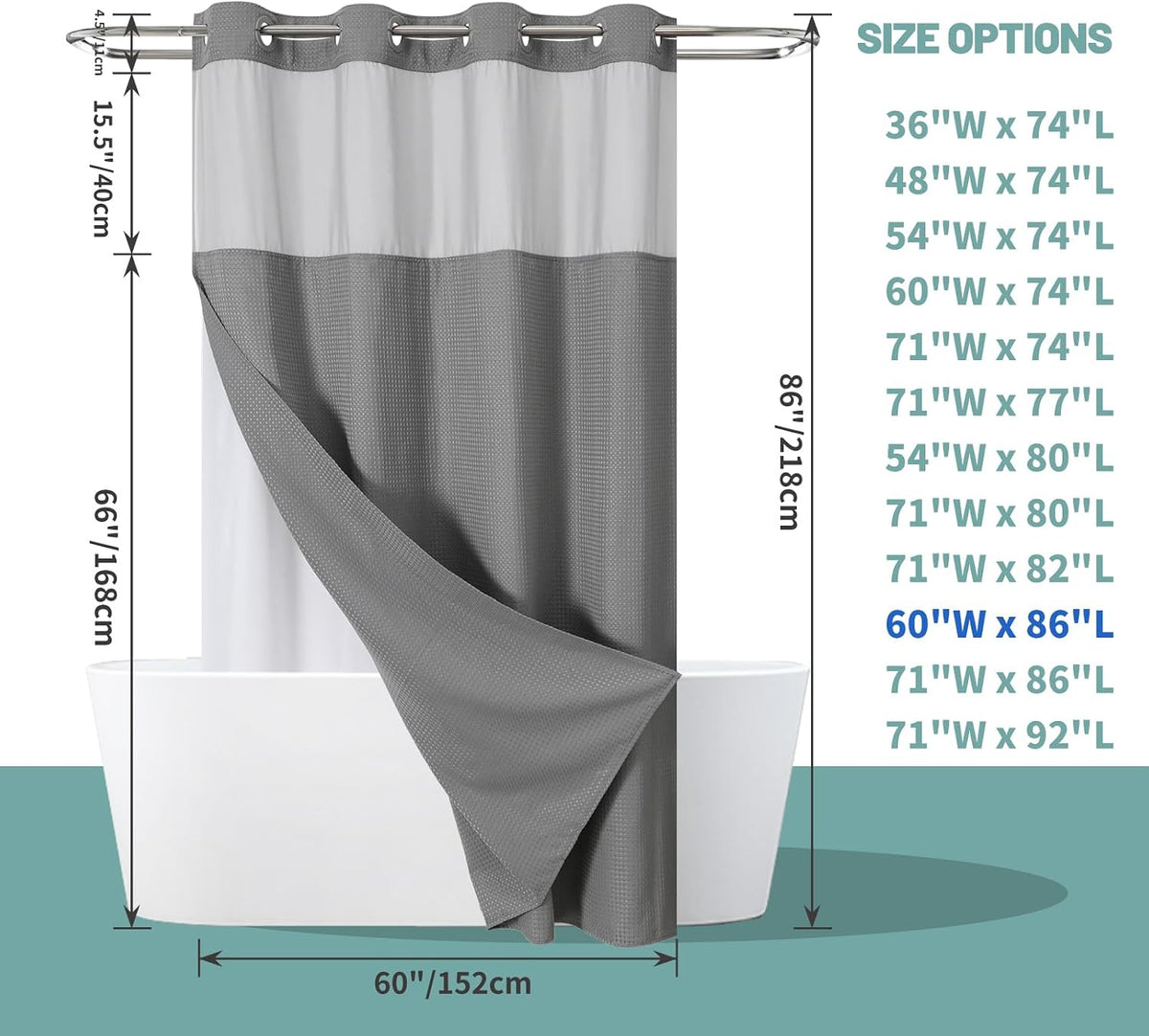 No Hook Waffle Shower Curtain with Snap-in Liner, 71x74 Inch, White