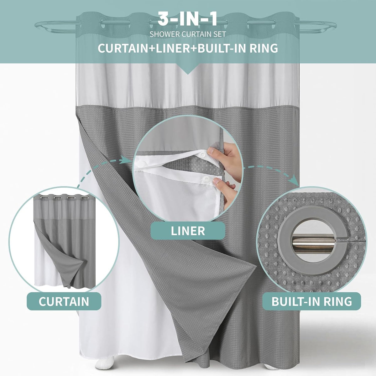 No Hook Waffle Shower Curtain with Snap-in Liner, 71x74 Inch, White