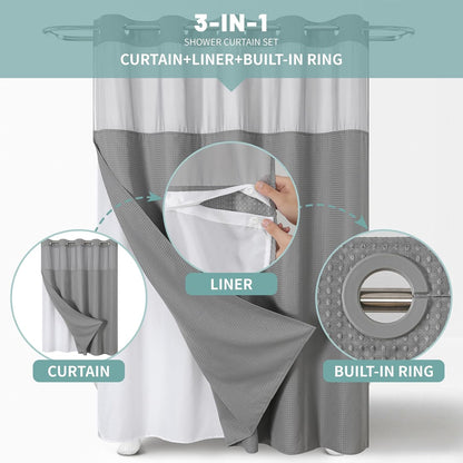 No Hook Waffle Shower Curtain with Snap-in Liner, 71x74 Inch, White