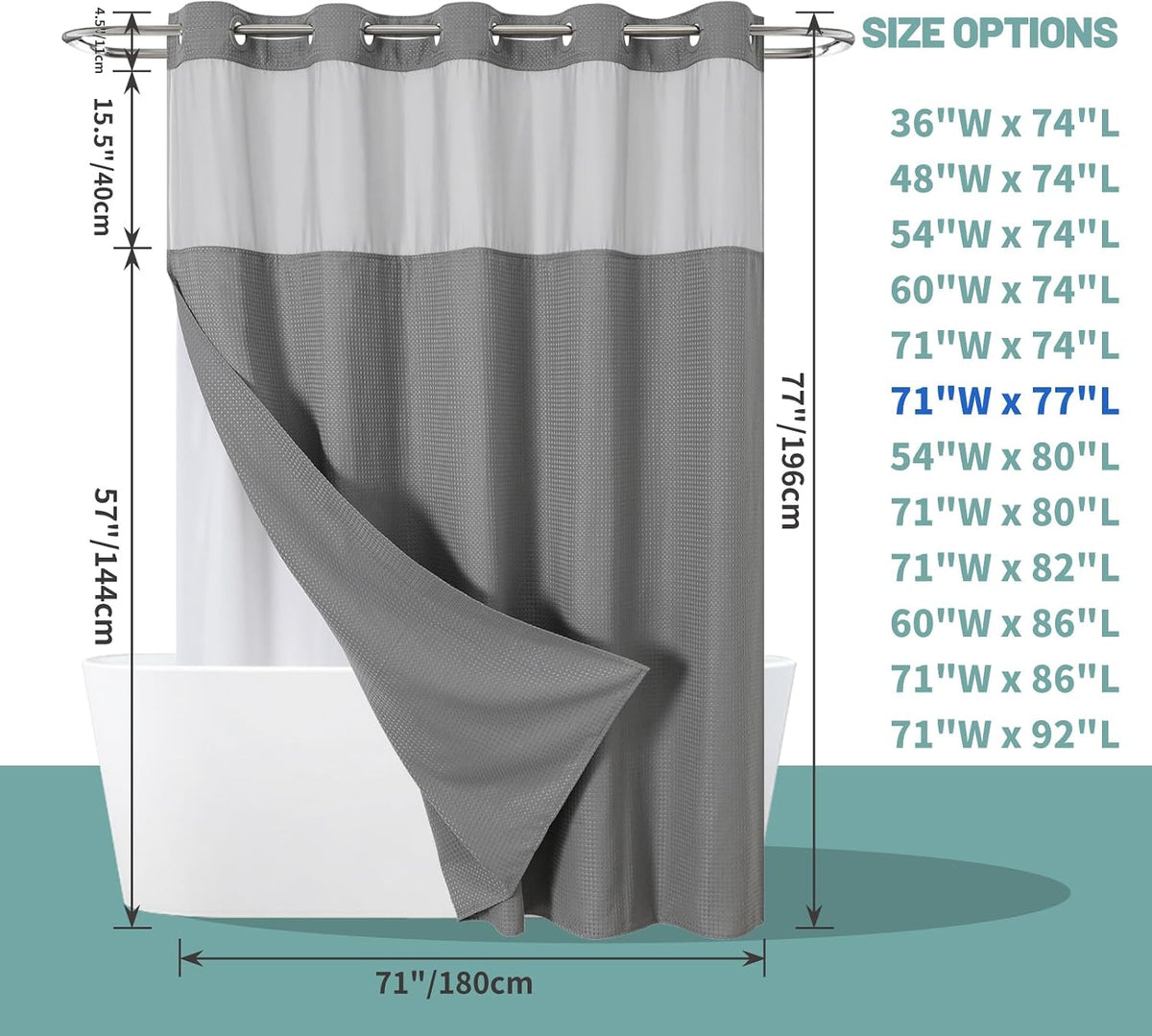 No Hook Waffle Shower Curtain with Snap-in Liner, 71x74 Inch, White