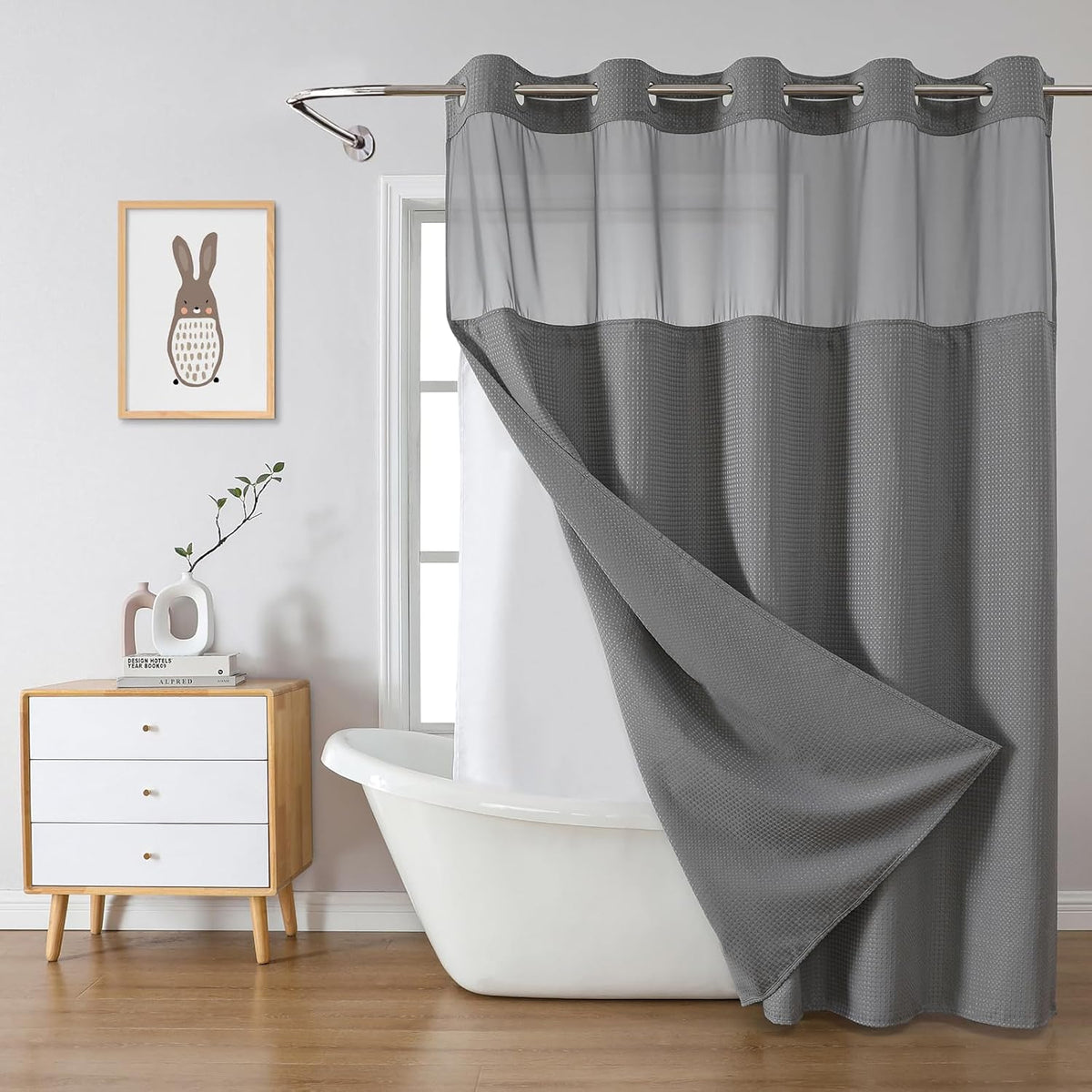 No Hook Waffle Shower Curtain with Snap-in Liner, 71x74 Inch, White