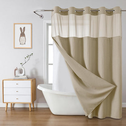 No Hook Waffle Shower Curtain with Snap-in Liner, 71x74 Inch, White