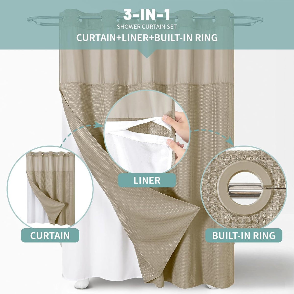No Hook Waffle Shower Curtain with Snap-in Liner, 71x74 Inch, White