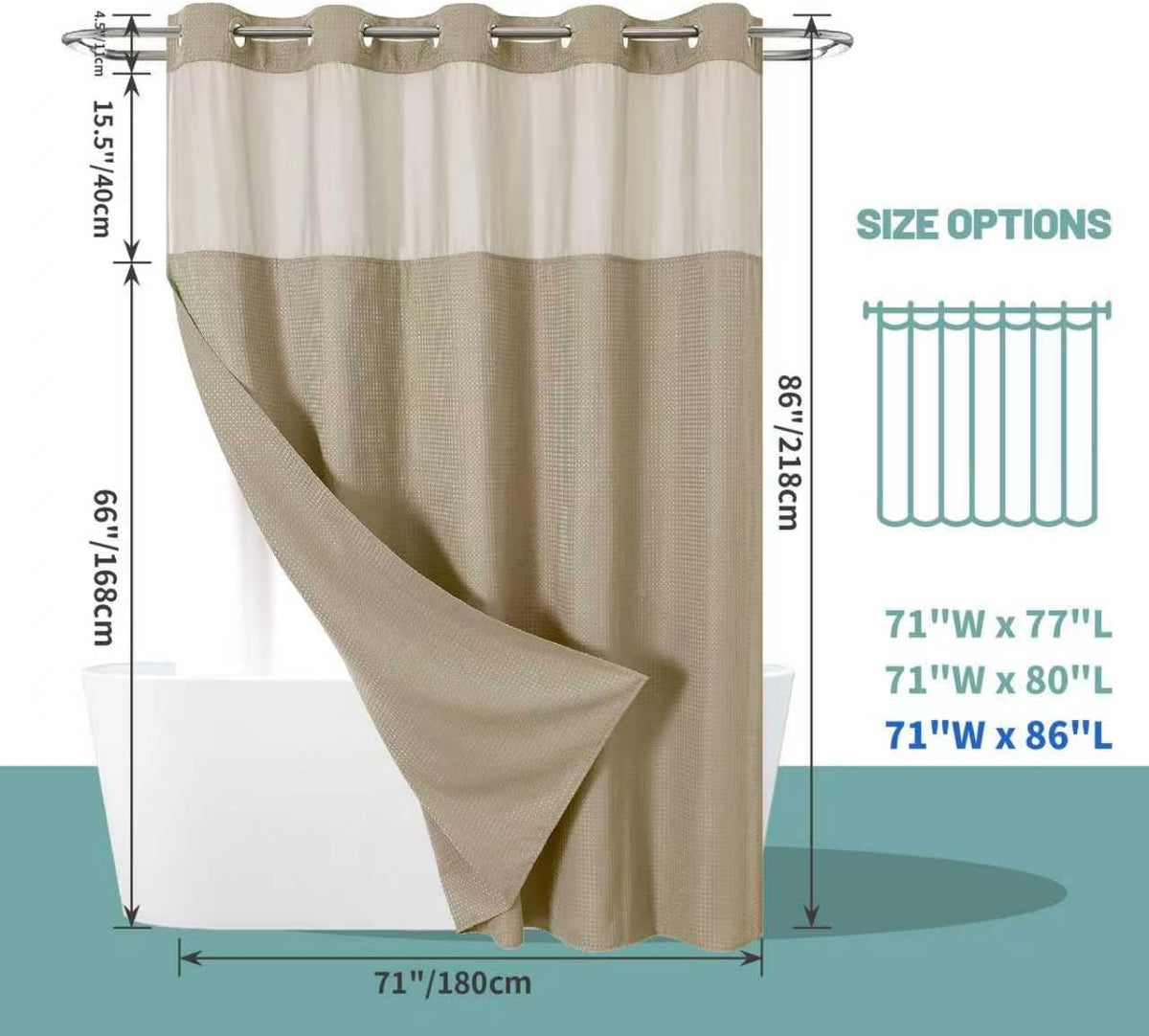 No Hook Waffle Shower Curtain with Snap-in Liner, 71x74 Inch, White