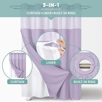 No Hook Waffle Shower Curtain with Snap-in Liner, 71x74 Inch, White