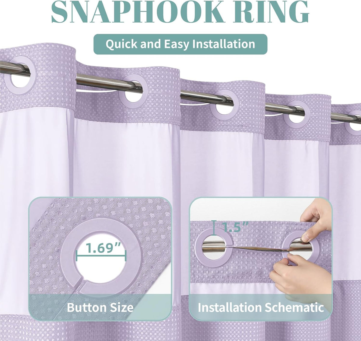 No Hook Waffle Shower Curtain with Snap-in Liner, 71x74 Inch, White