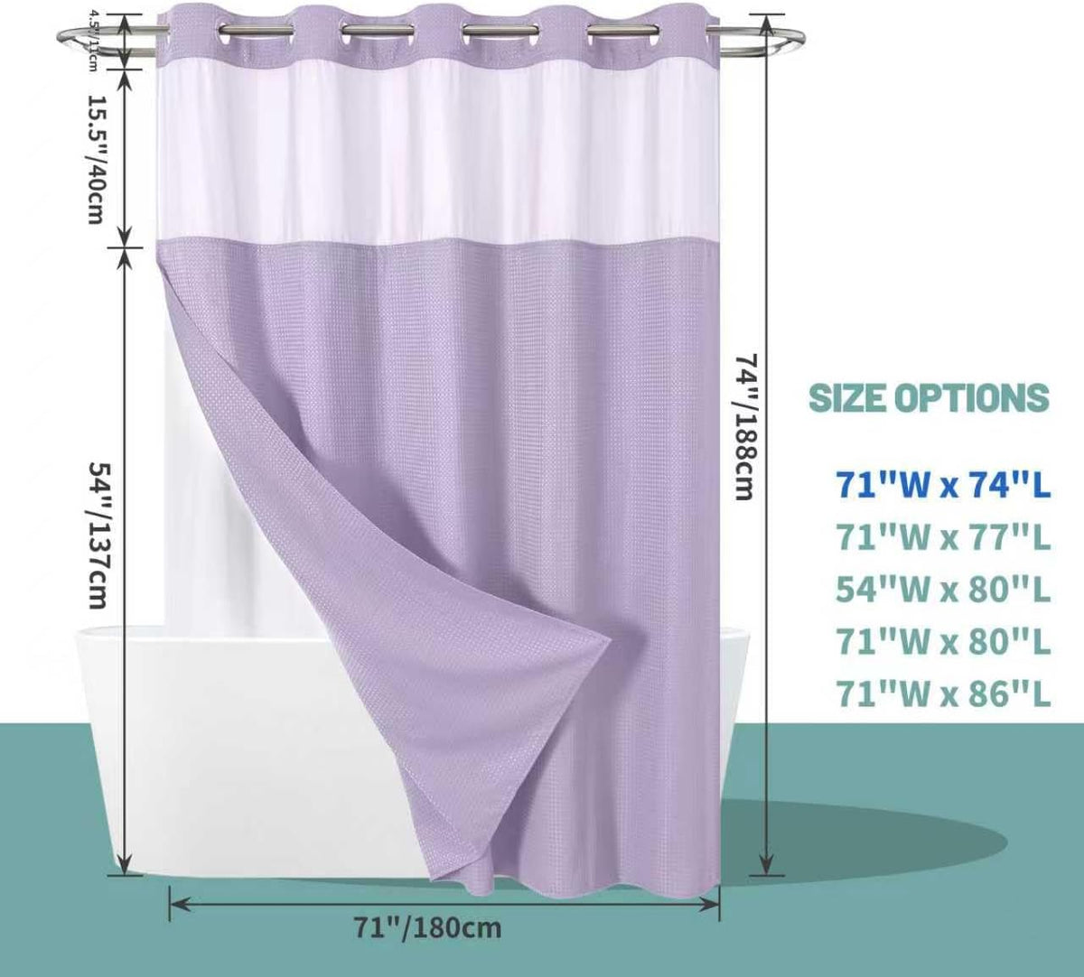 No Hook Waffle Shower Curtain with Snap-in Liner, 71x74 Inch, White