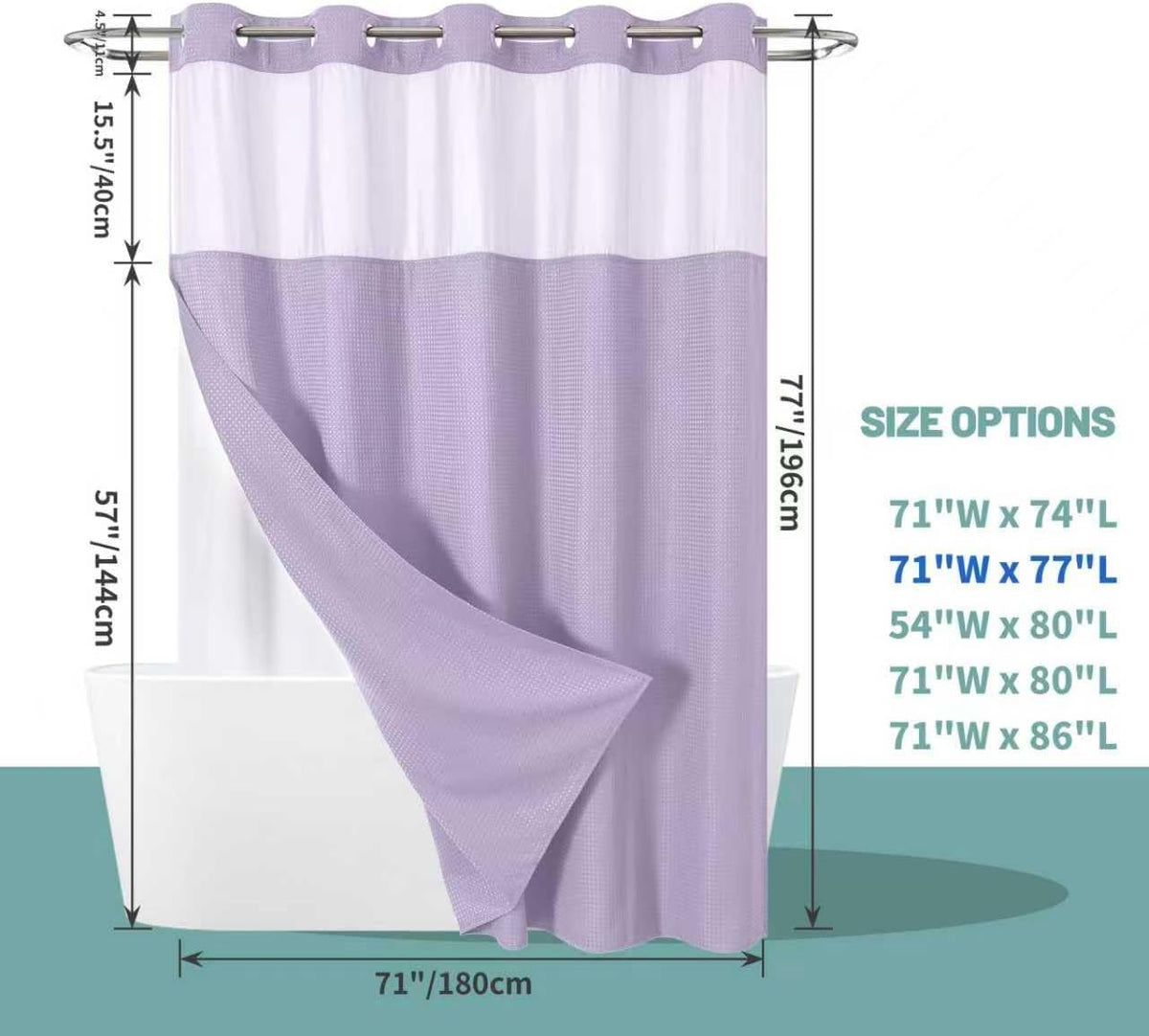 No Hook Waffle Shower Curtain with Snap-in Liner, 71x74 Inch, White