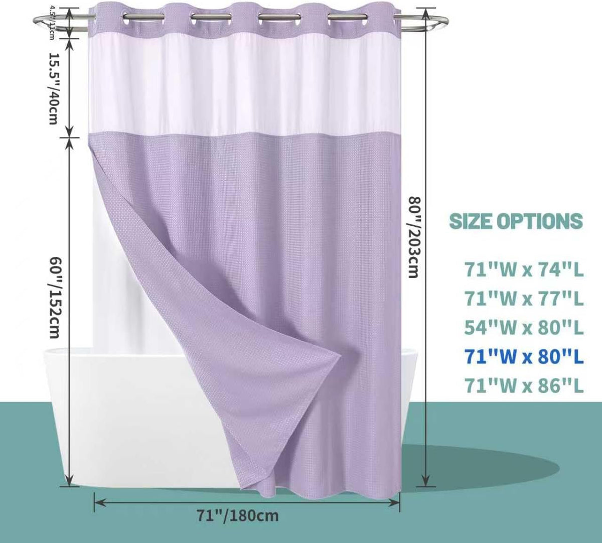 No Hook Waffle Shower Curtain with Snap-in Liner, 71x74 Inch, White