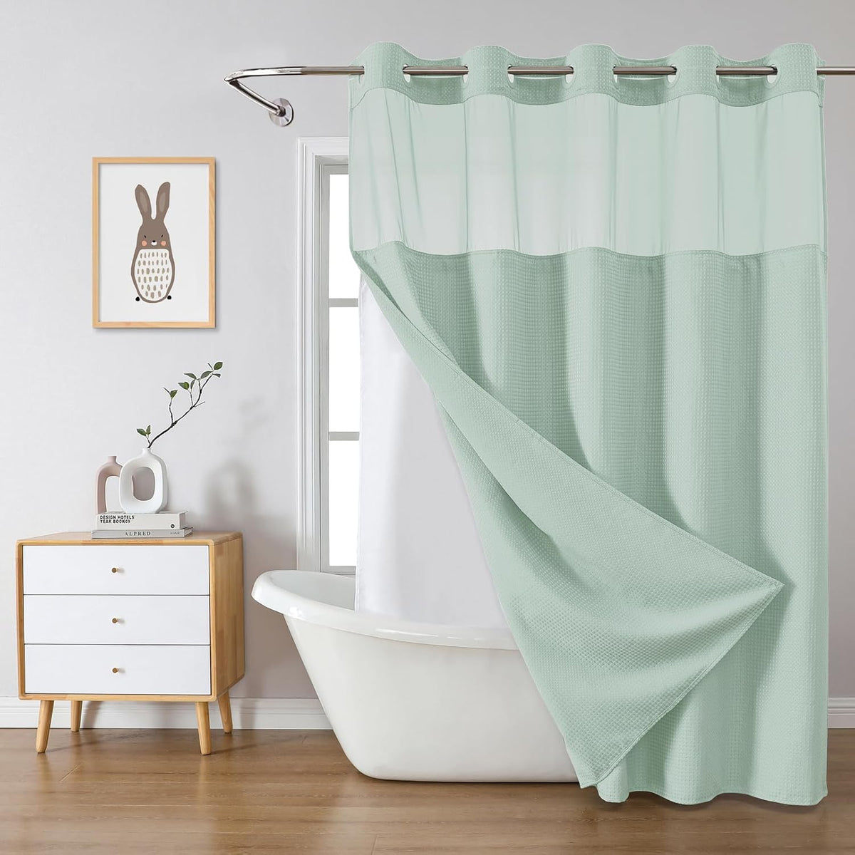 No Hook Waffle Shower Curtain with Snap-in Liner, 71x74 Inch, White