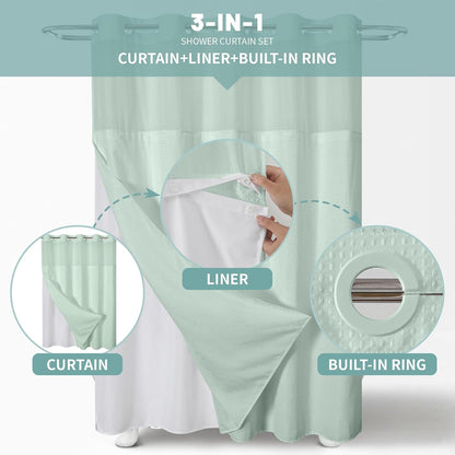 No Hook Waffle Shower Curtain with Snap-in Liner, 71x74 Inch, White