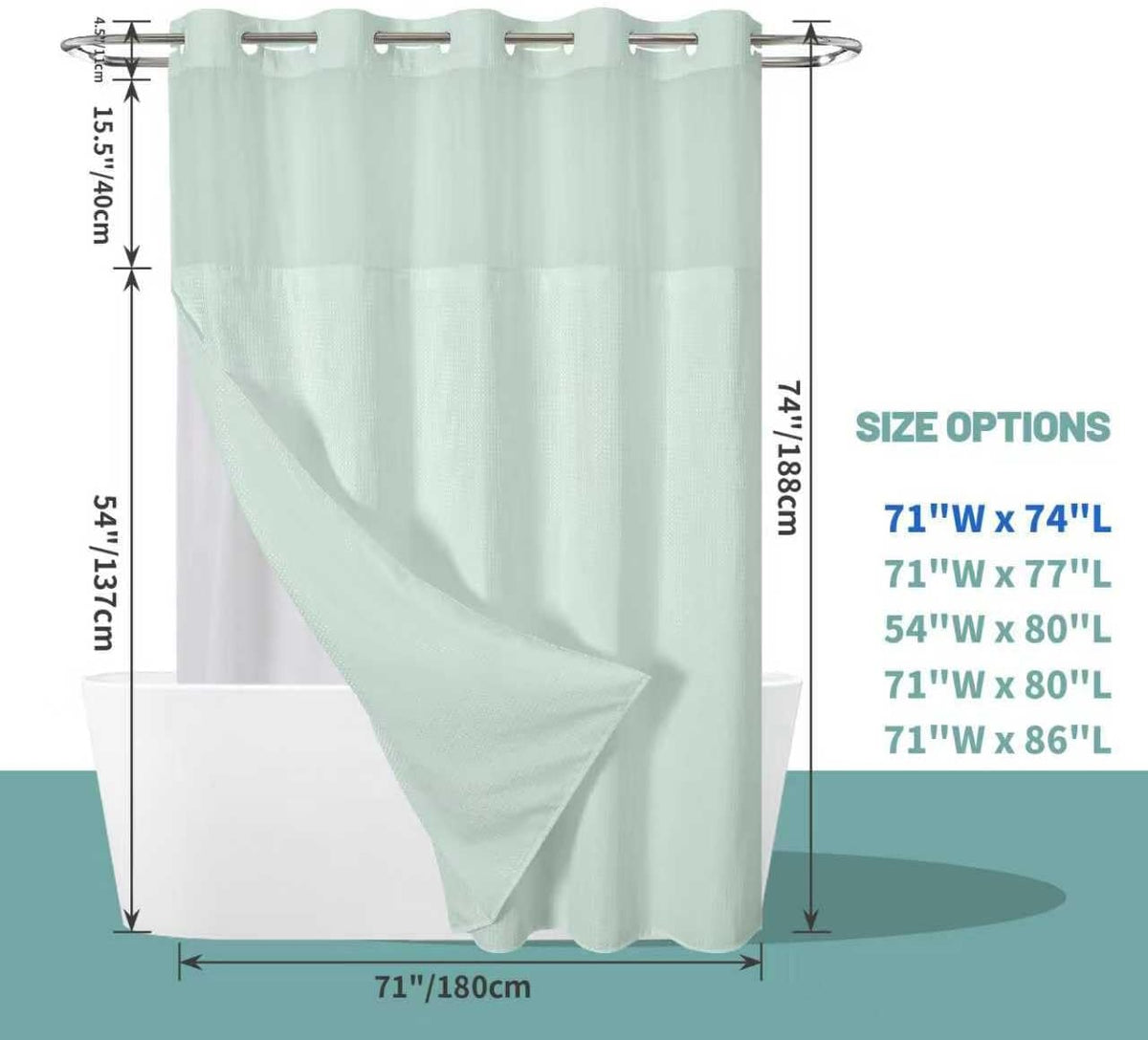 No Hook Waffle Shower Curtain with Snap-in Liner, 71x74 Inch, White