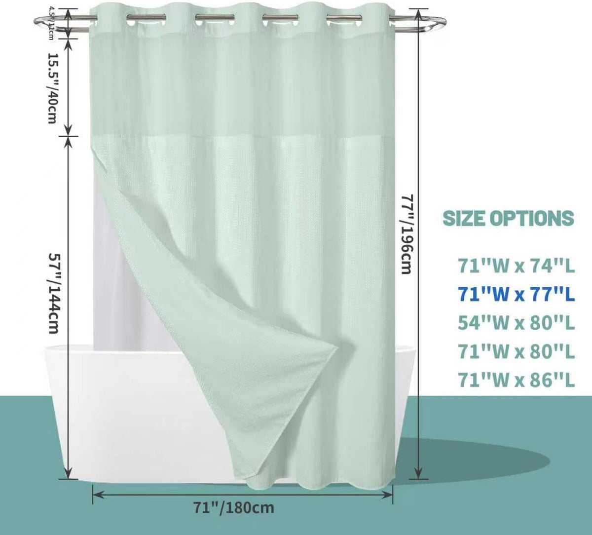 No Hook Waffle Shower Curtain with Snap-in Liner, 71x74 Inch, White