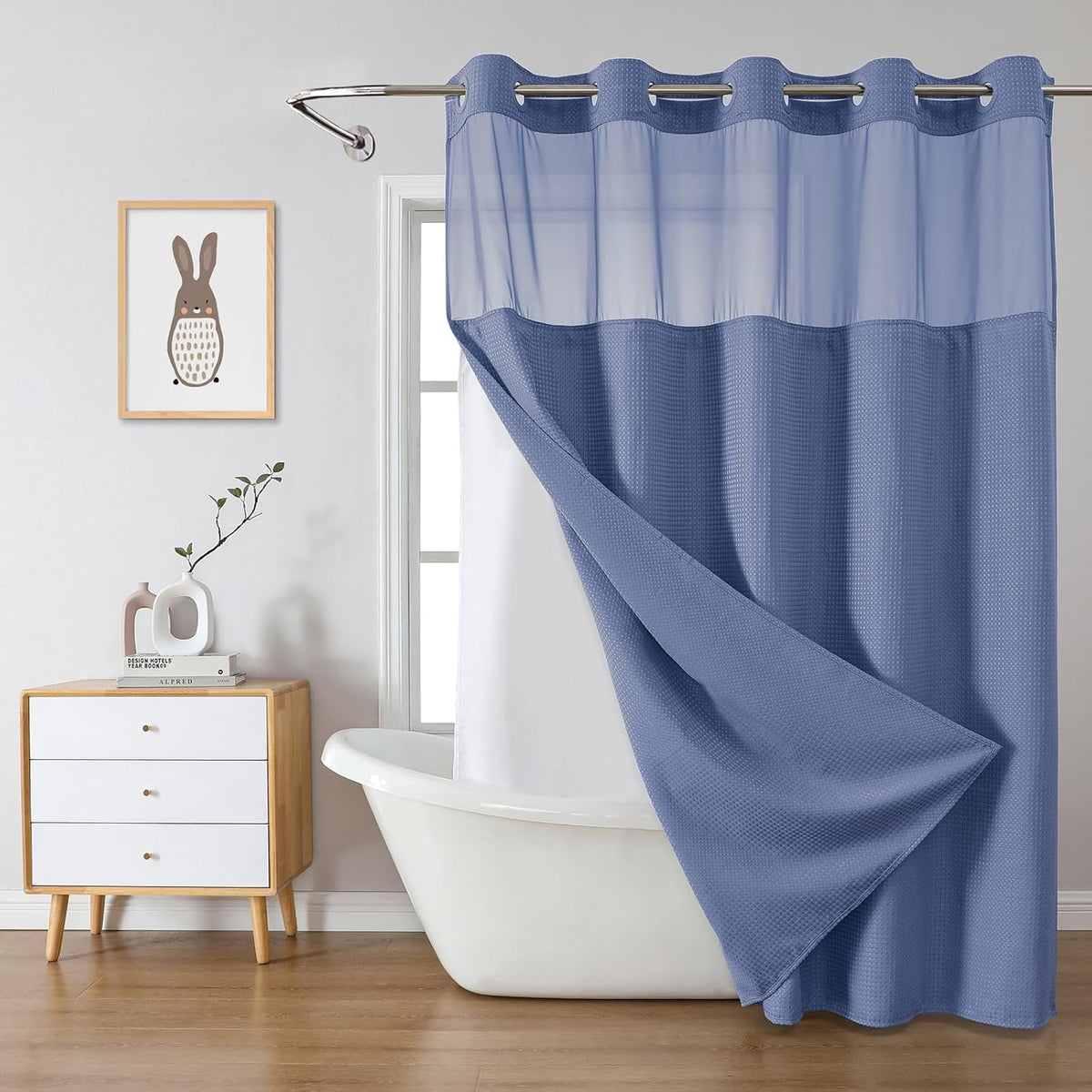 No Hook Waffle Shower Curtain with Snap-in Liner, 71x74 Inch, White