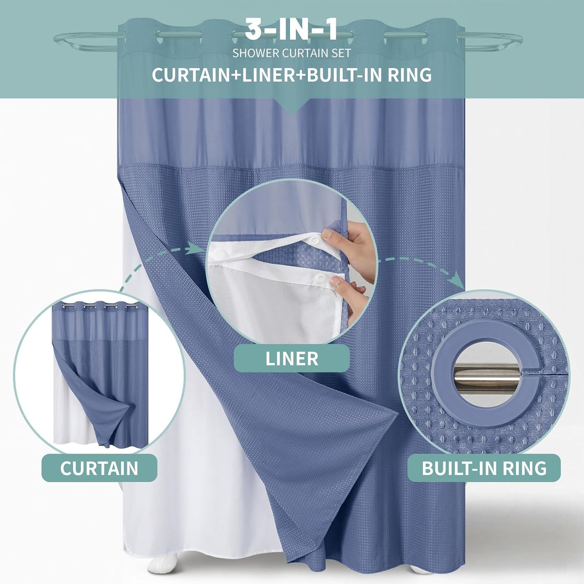 No Hook Waffle Shower Curtain with Snap-in Liner, 71x74 Inch, White