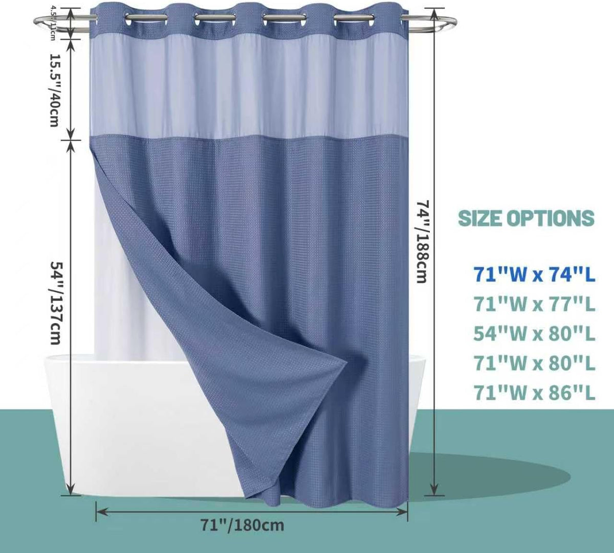 No Hook Waffle Shower Curtain with Snap-in Liner, 71x74 Inch, White