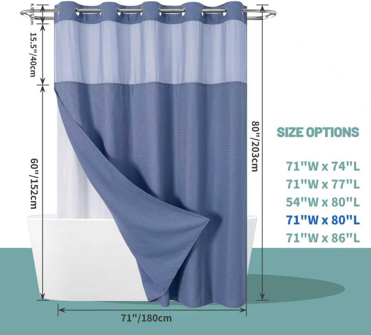 No Hook Waffle Shower Curtain with Snap-in Liner, 71x74 Inch, White