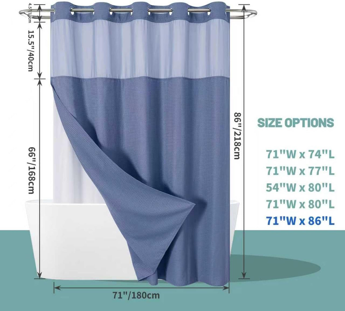 No Hook Waffle Shower Curtain with Snap-in Liner, 71x74 Inch, White