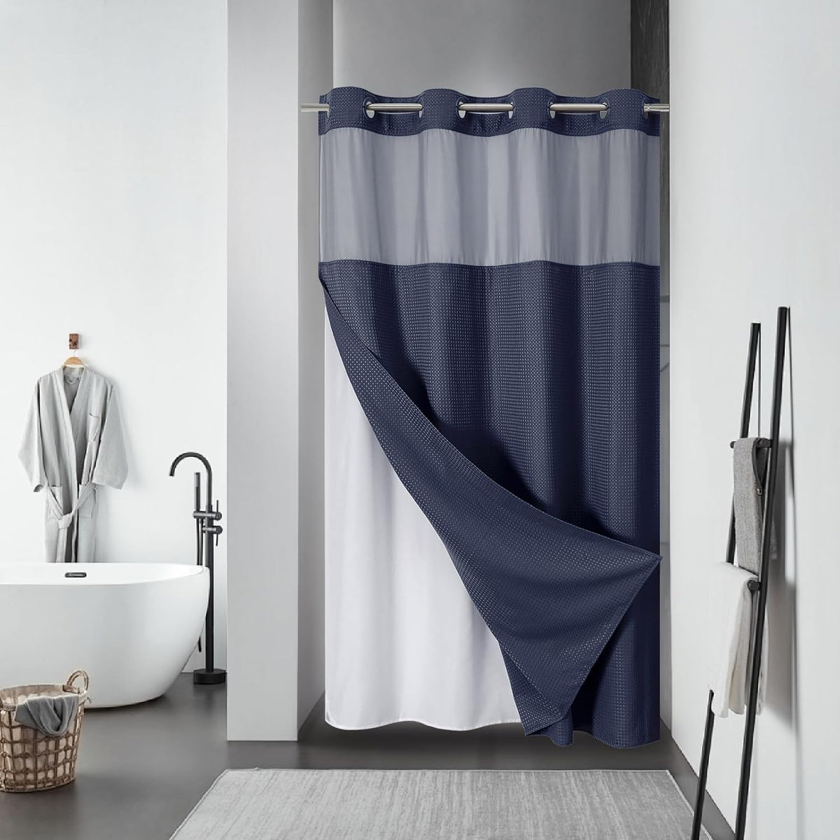 No Hook Waffle Shower Curtain with Snap-in Liner, 71x74 Inch, White