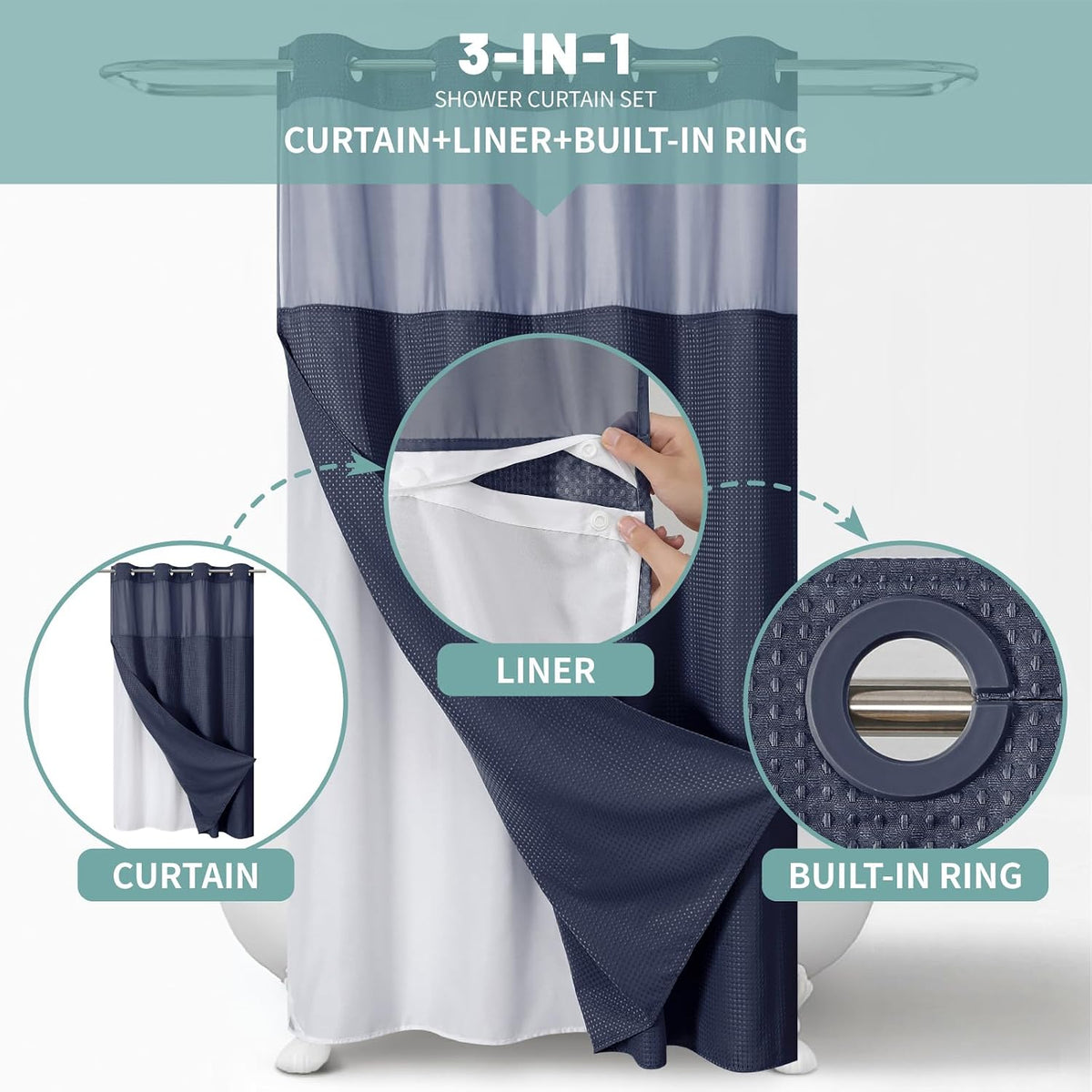 No Hook Waffle Shower Curtain with Snap-in Liner, 71x74 Inch, White
