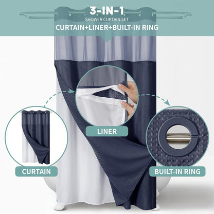 No Hook Waffle Shower Curtain with Snap-in Liner, 71x74 Inch, White