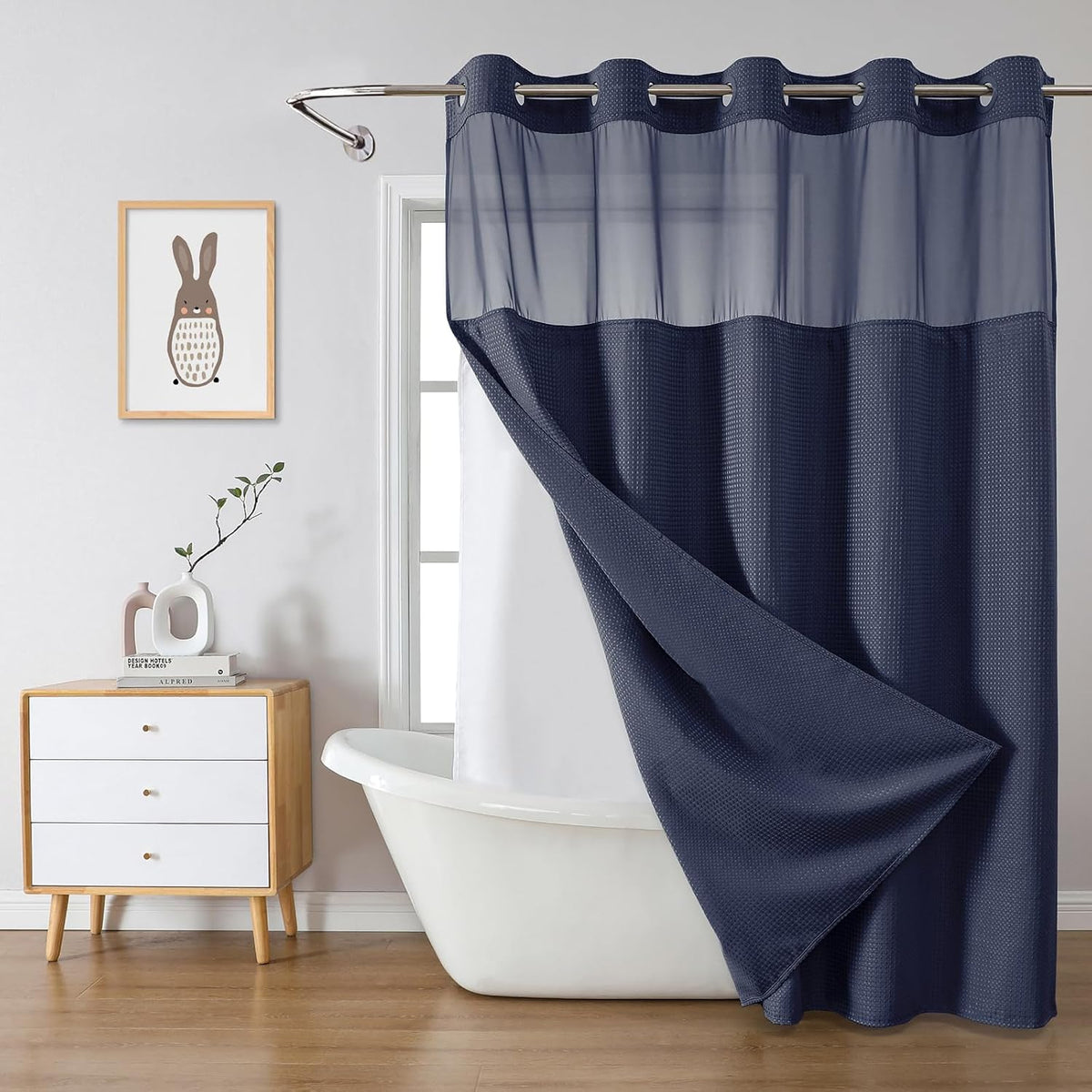 No Hook Waffle Shower Curtain with Snap-in Liner, 71x74 Inch, White