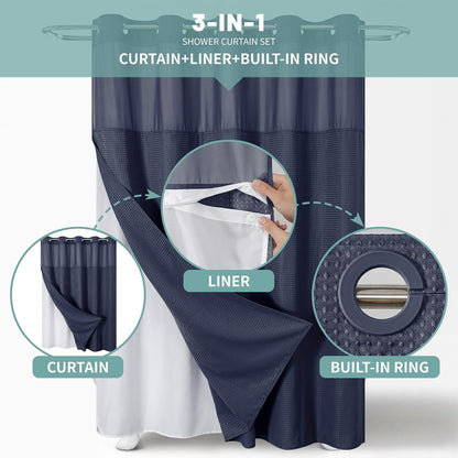 No Hook Waffle Shower Curtain with Snap-in Liner, 71x74 Inch, White