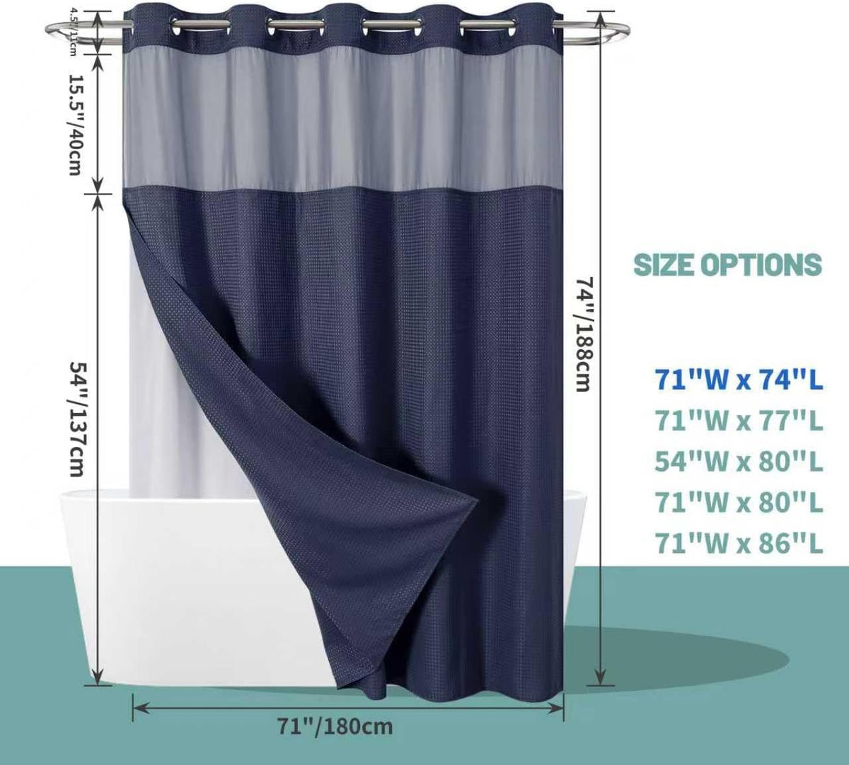 No Hook Waffle Shower Curtain with Snap-in Liner, 71x74 Inch, White