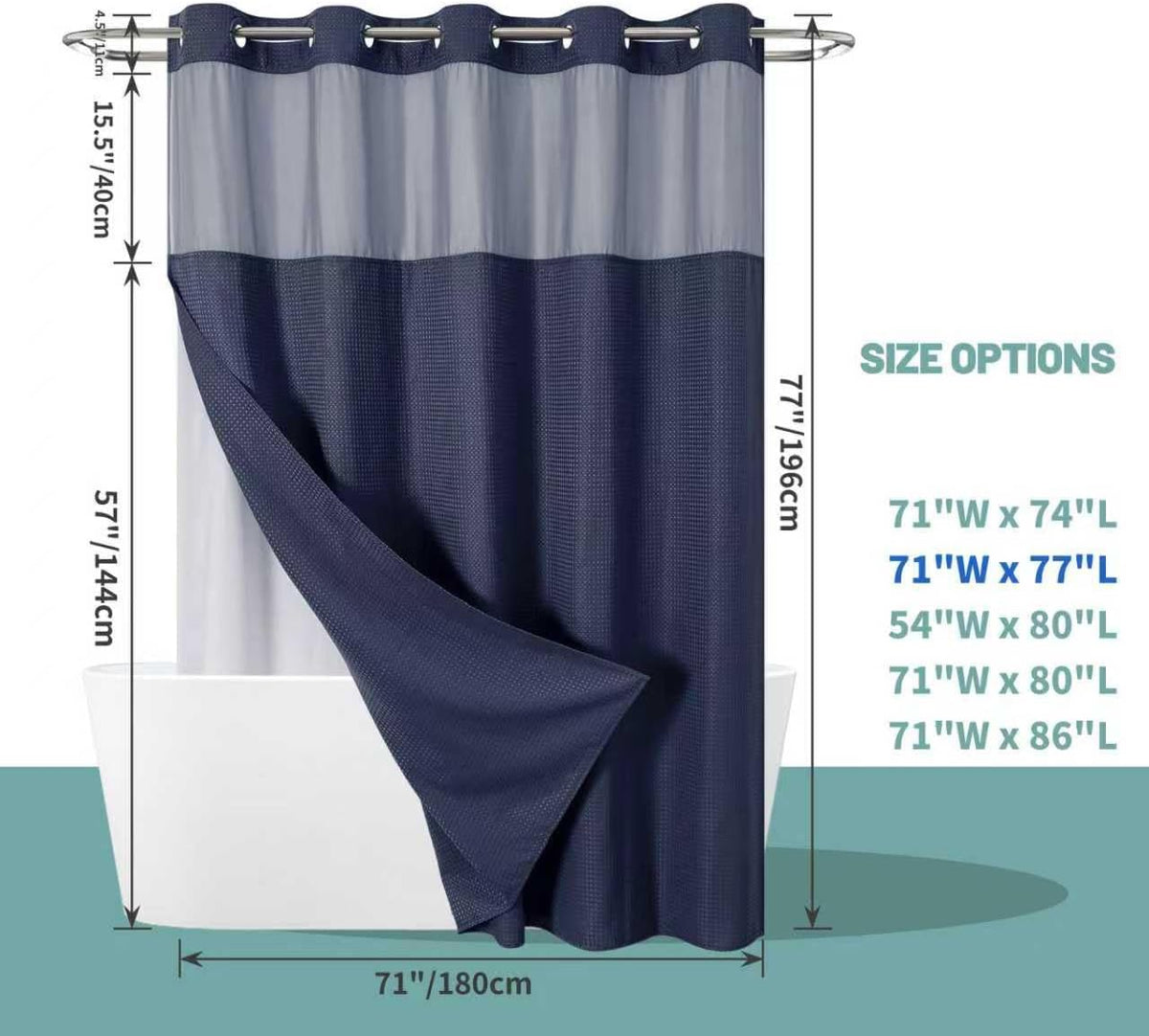 No Hook Waffle Shower Curtain with Snap-in Liner, 71x74 Inch, White