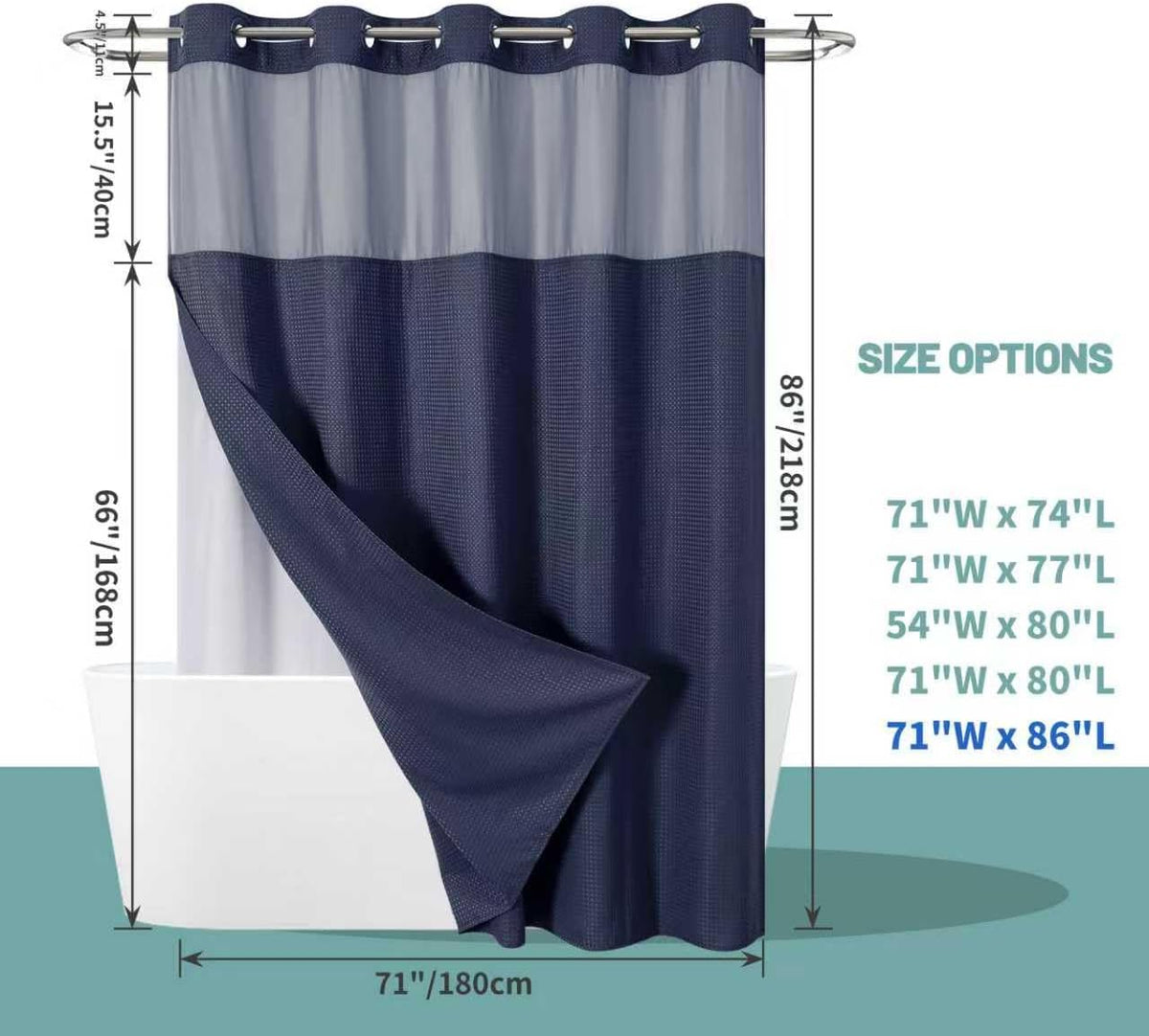 No Hook Waffle Shower Curtain with Snap-in Liner, 71x74 Inch, White