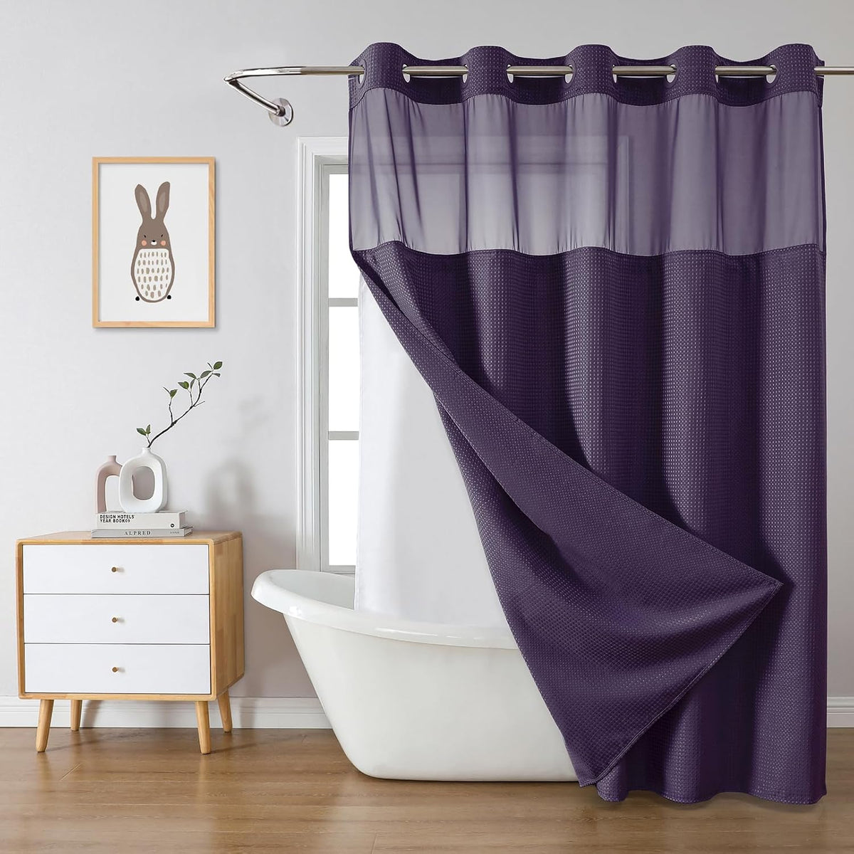 No Hook Waffle Shower Curtain with Snap-in Liner, 71x74 Inch, White