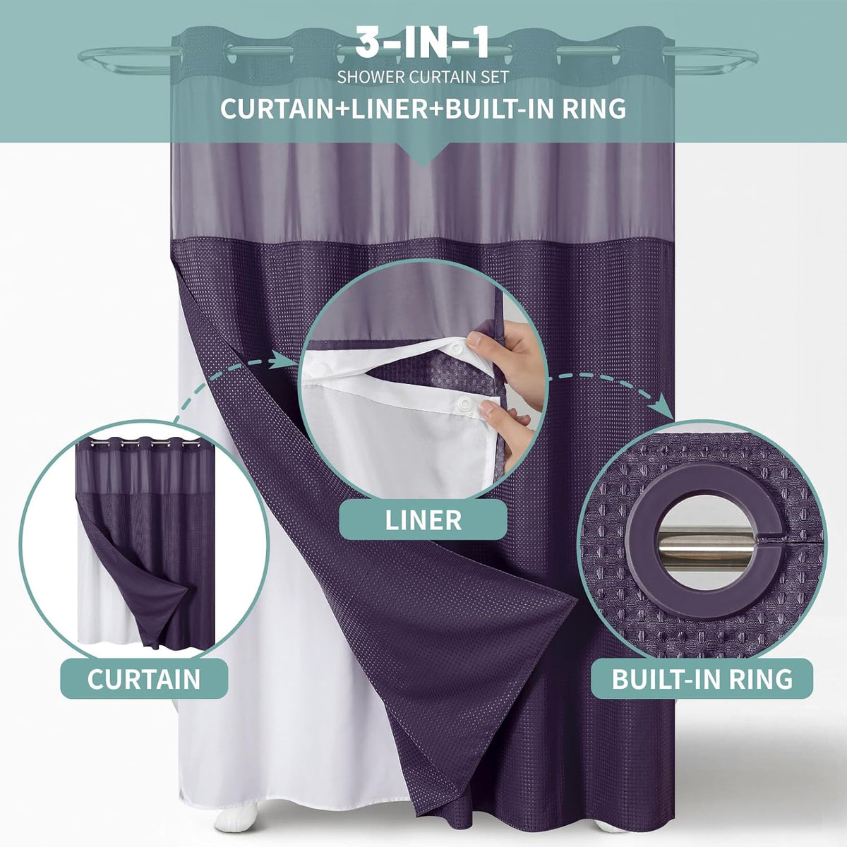 No Hook Waffle Shower Curtain with Snap-in Liner, 71x74 Inch, White